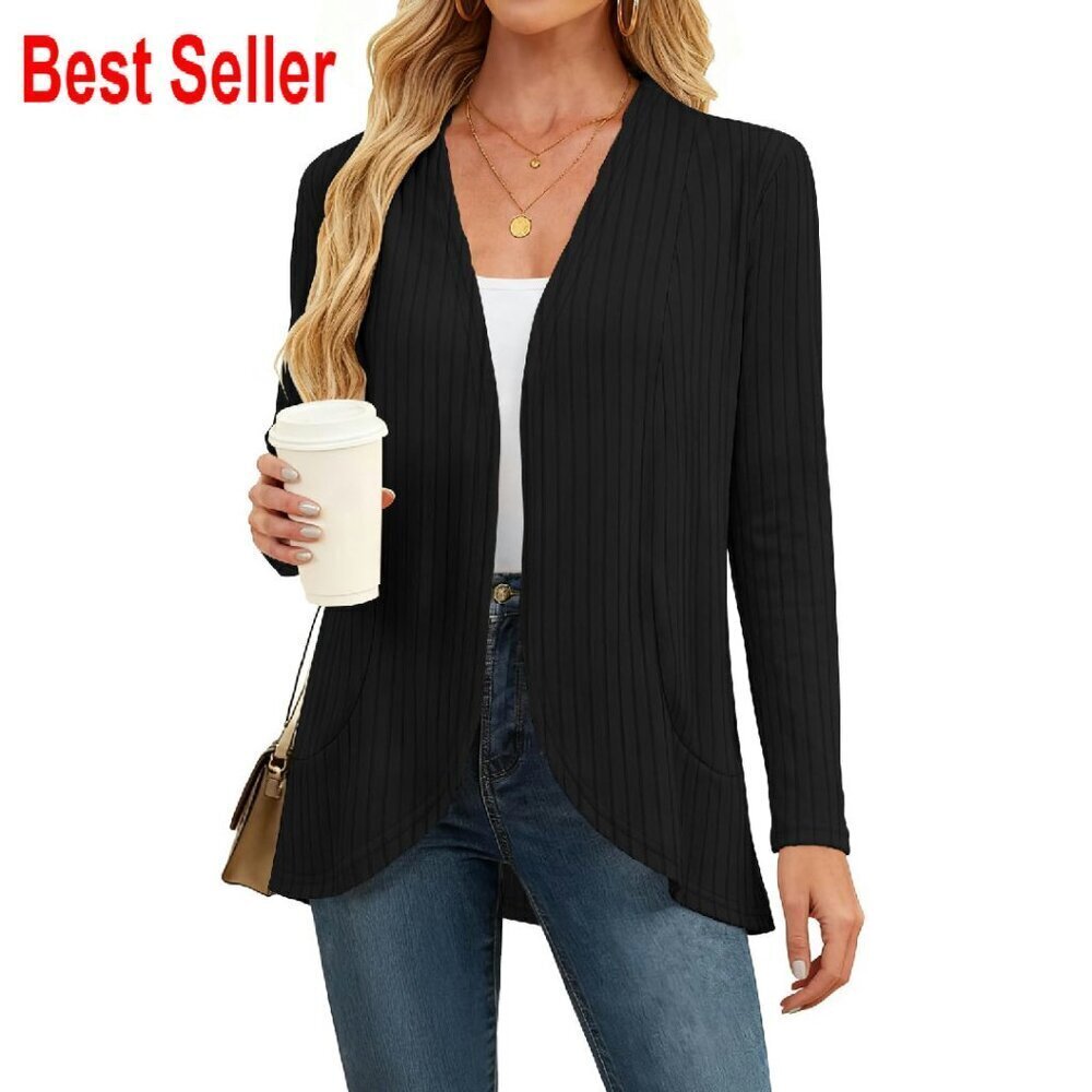 Long Sleeve Ribbed Knit Cardigan Lightweight Open Front Casual Chic